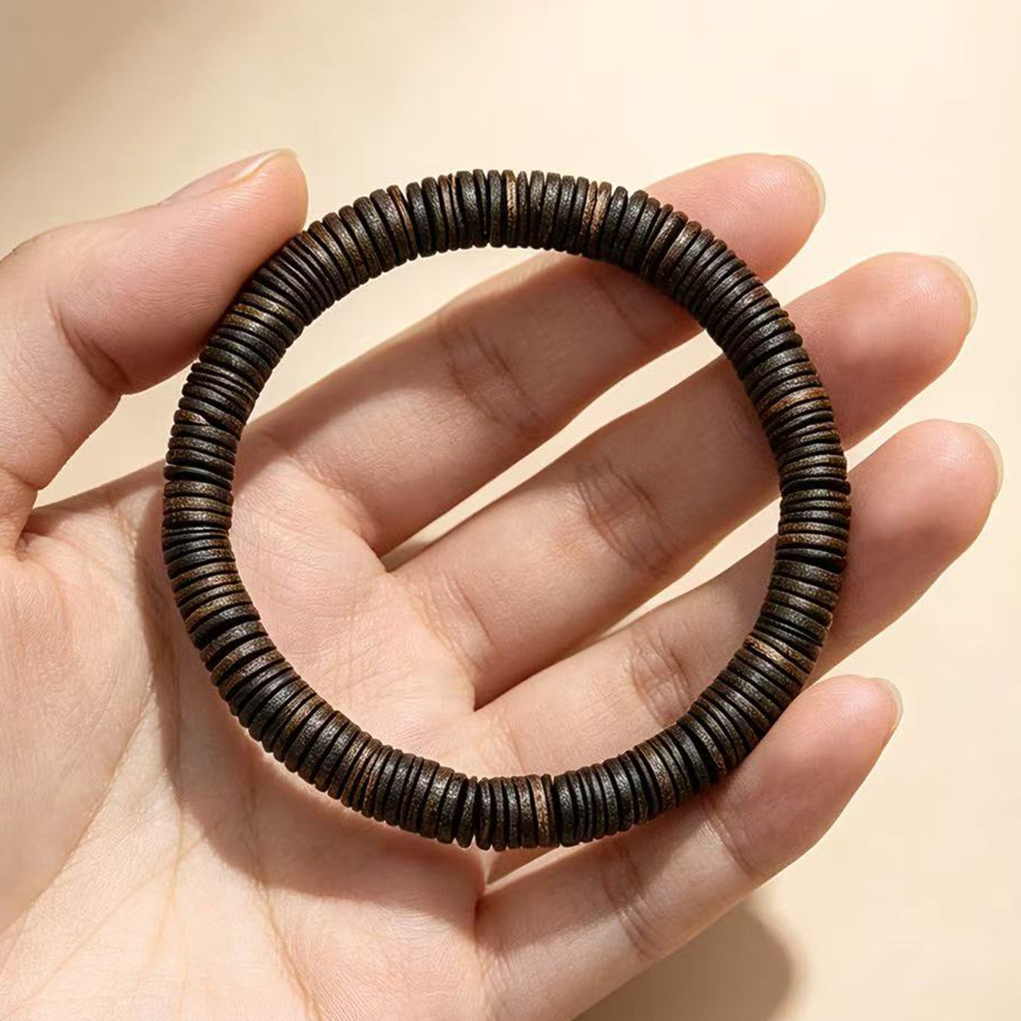 06mm Natural Agarwood Disc Bead Bracelet | Handcrafted Flat Round Spacer Wood Beads | Single Loop Design | Dense Grain Pattern