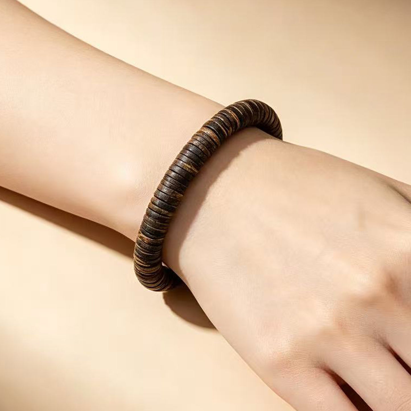 08mm Natural Agarwood Disc Bead Bracelet | Handcrafted Flat Round Spacer Wood Beads | Single Loop Design | Dense Grain Pattern