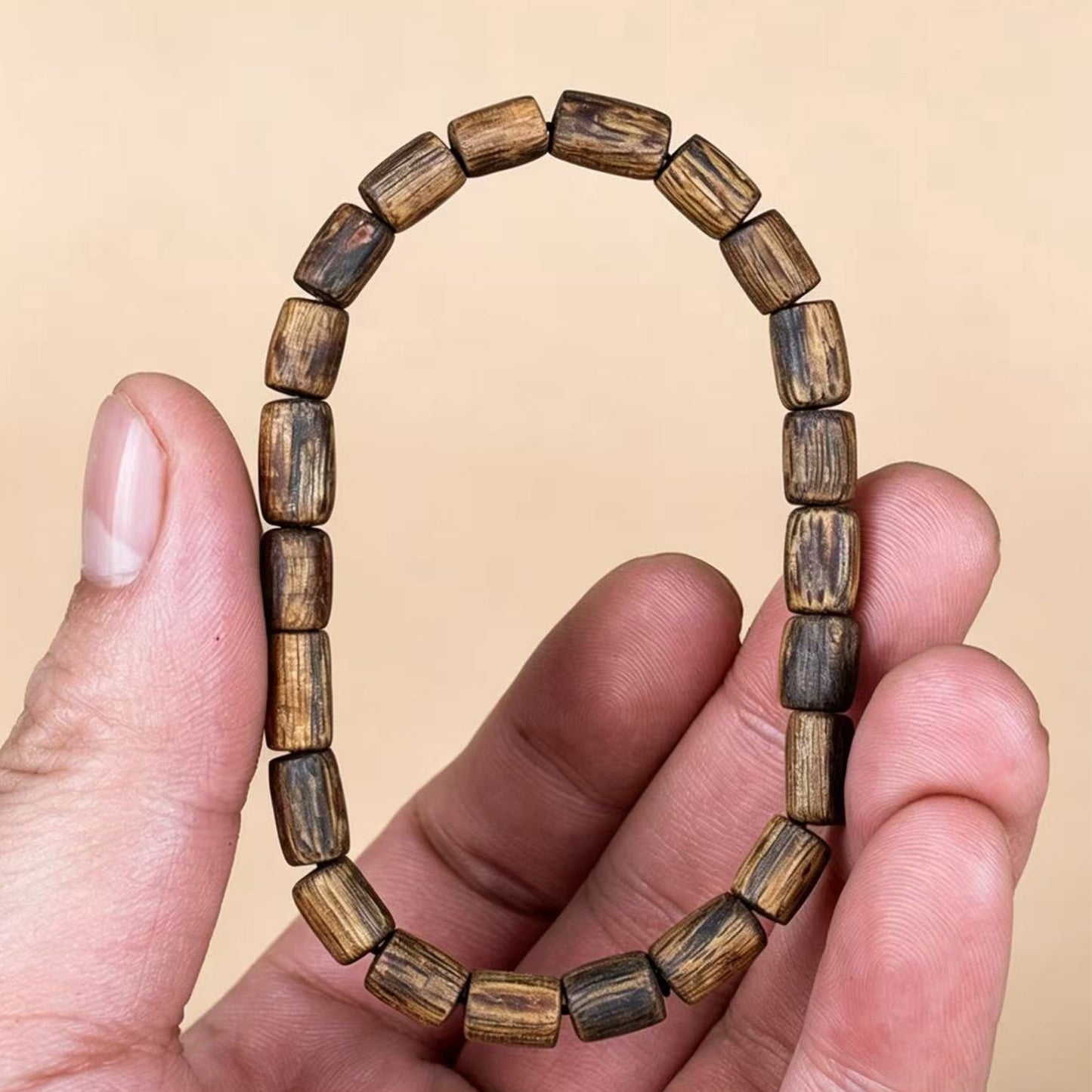 Natural Agarwood 6mm Barrel Bead Bracelet | Handcrafted Small Cylinder Wood Beads | Single Loop Minimalist Design | Dense Grain Pattern | Unisex Daily Wear Jewelry Gift