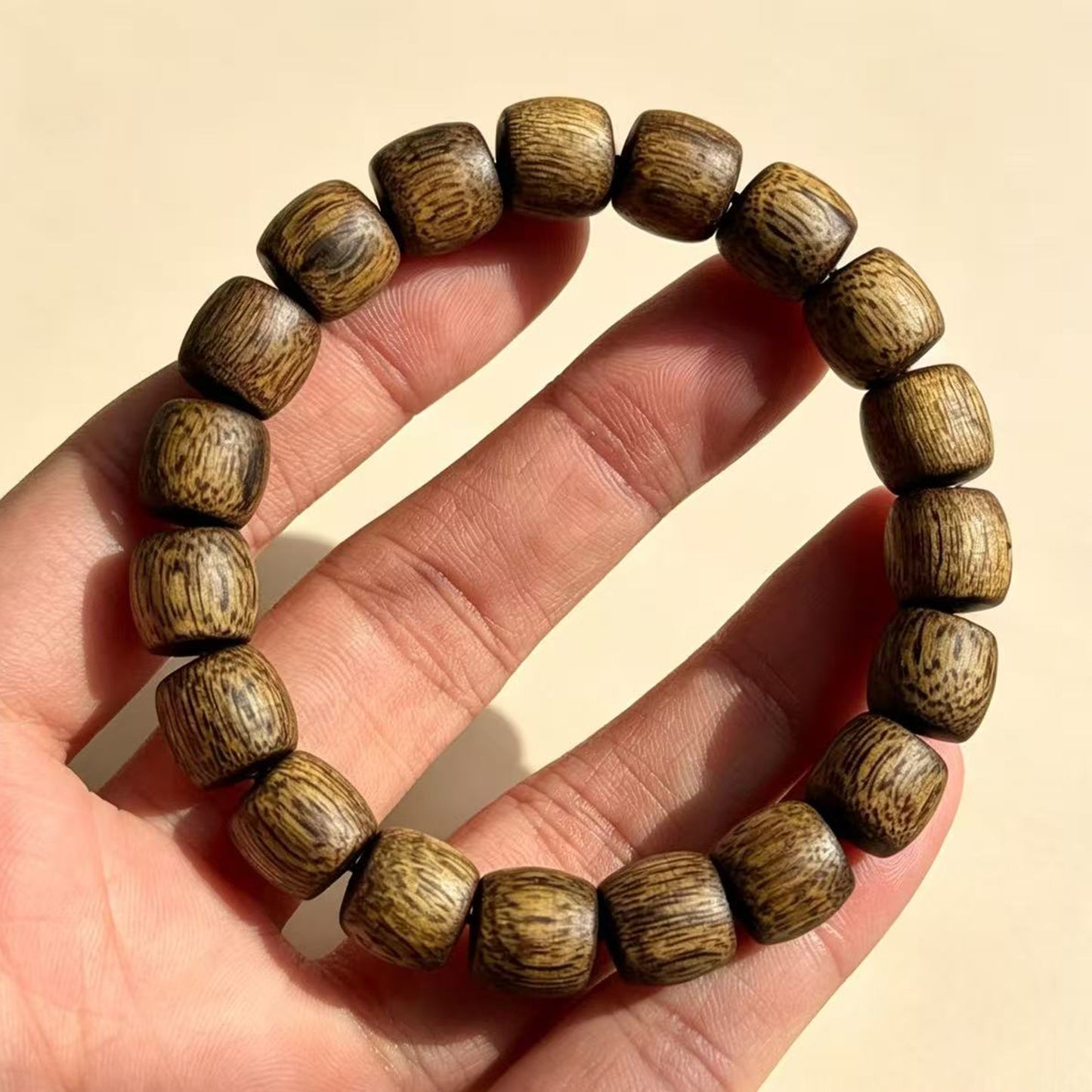 Natural Agarwood 10mm Drum Bead Bracelet | Handcrafted Rounded Cylinder Wood Beads | Single Loop Design | Dense Grain Pattern | Unisex Daily Wear Jewelry Gift
