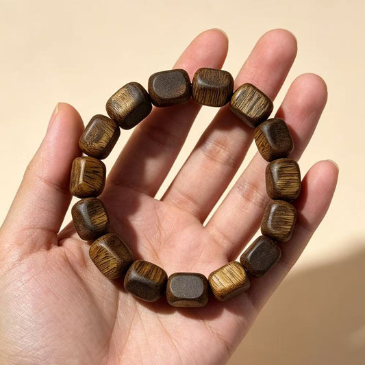 Natural Agarwood 9mm Rectangular Bead Bracelet | Handcrafted Faceted Cube Wood Beads | Single Loop Minimalist Design | Dense Grain Pattern | Unisex Daily Wear Jewelry Gift