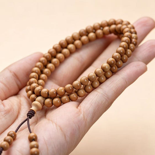 Indian Mysore Sandalwood Mala Bracelet | 5mm 108 Beads | Natural Straight Grain Pattern | Rich Warm Woody Aroma