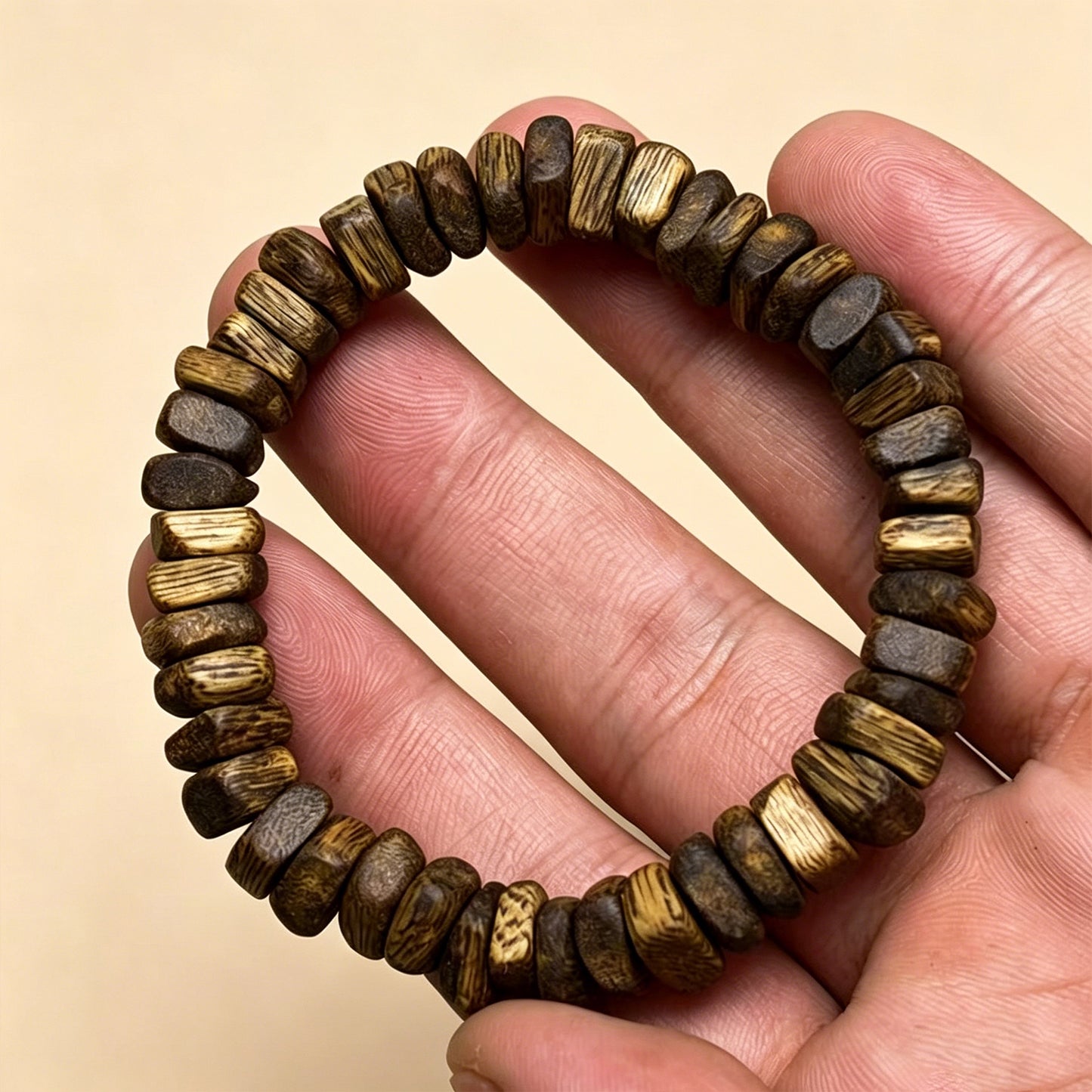 Natural Agarwood 9mm Chip Bead Bracelet | Handcrafted Irregular Slice Wood Beads | Single Loop Design | Dense Resin Grain