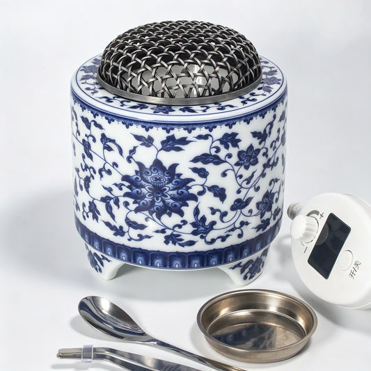 Blue and White Porcelain Electric Incense Burner with Night Light | Ceramic Aroma Diffuser with Timer | Chinese Style Zen Home Decor