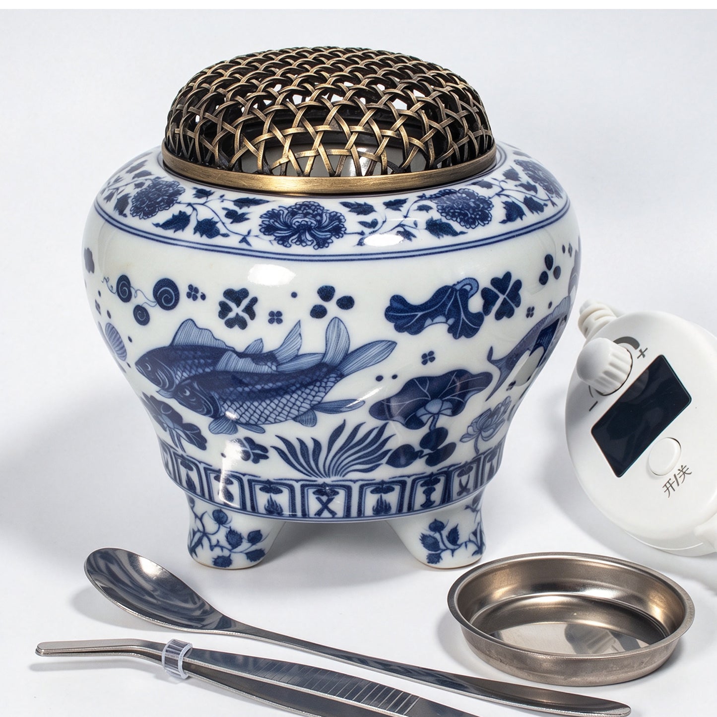 Electric Blue White Porcelain Incense Burner | Koi Fish Lotus Design | Brass Woven Lid Timer Control | Zen Home Decor
