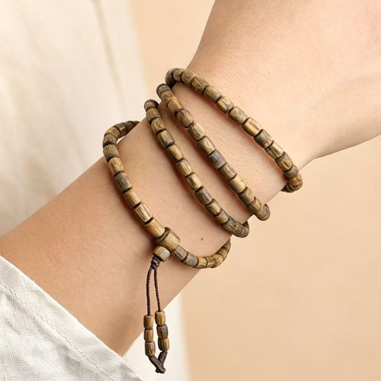 Natural Agarwood 4mm Barrel Bead Multi-Wrap Bracelet | Handcrafted Small Cylinder Wood Beads | Delicate Layered Design | Subtle Natural Wood Aroma | Minimalist Unisex Jewelry Gift