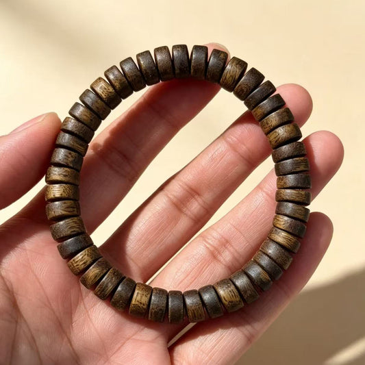 08mm Agarwood Bracelet | Flat-Cut Oud Wood Disc Wristband | Artisan Crafted Wooden Jewelry | Unique Resin Grain