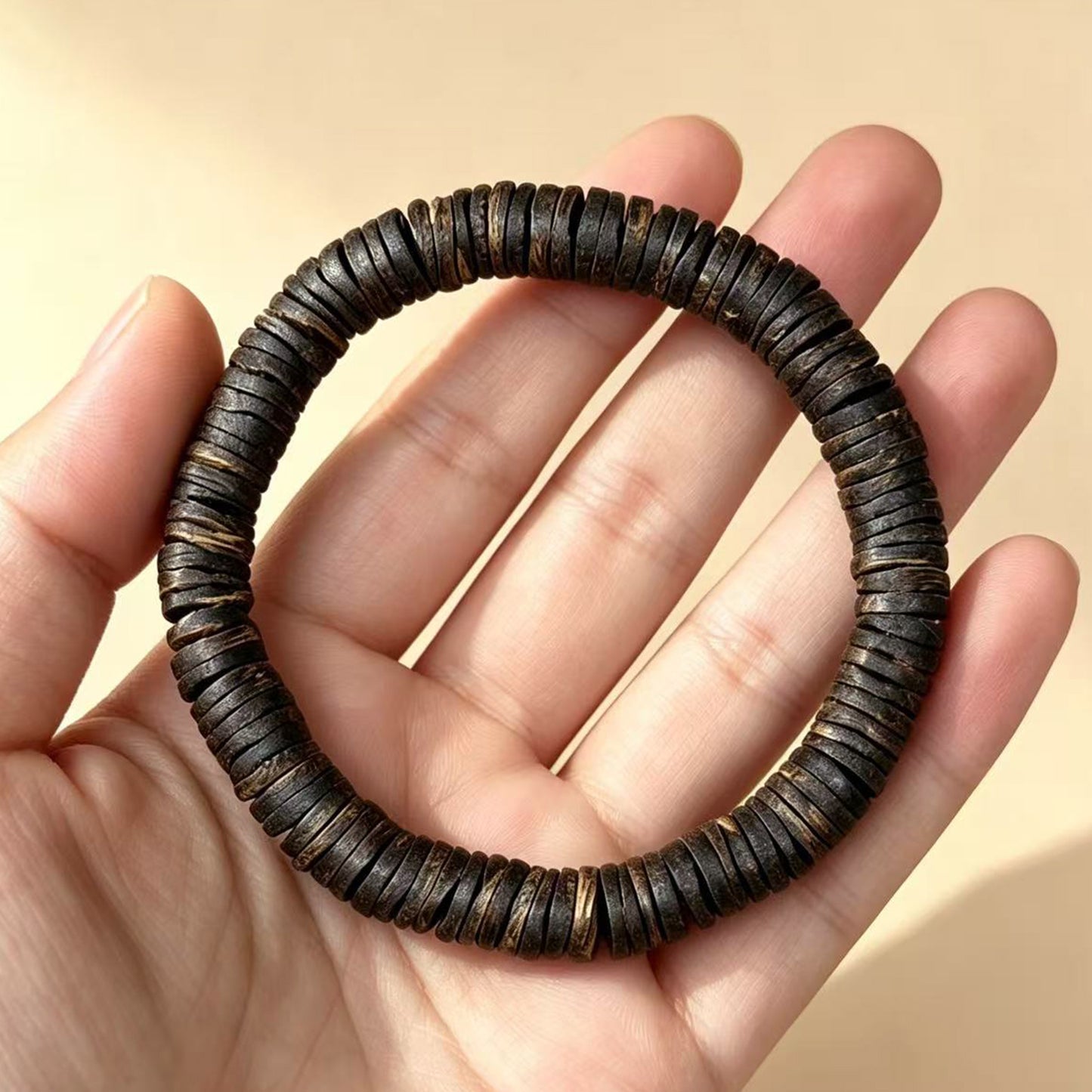 08mm Natural Agarwood Disc Bead Bracelet | Handcrafted Flat Round Spacer Wood Beads | Single Loop Design | Dense Grain Pattern