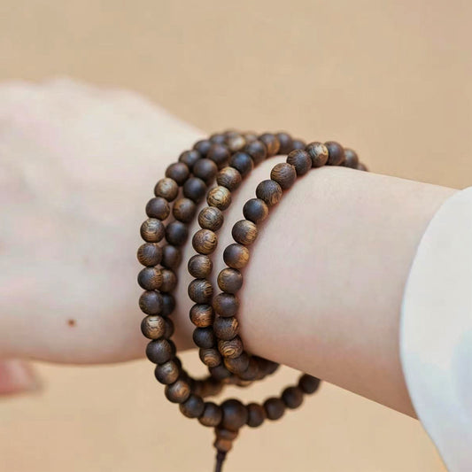Natural Agarwood 5mm Round Bead Multi-Wrap Bracelet | Handcrafted Small Smooth Wood Beads | Layered Delicate Design | Subtle Natural Wood Aroma | Minimalist Unisex Jewelry Gift