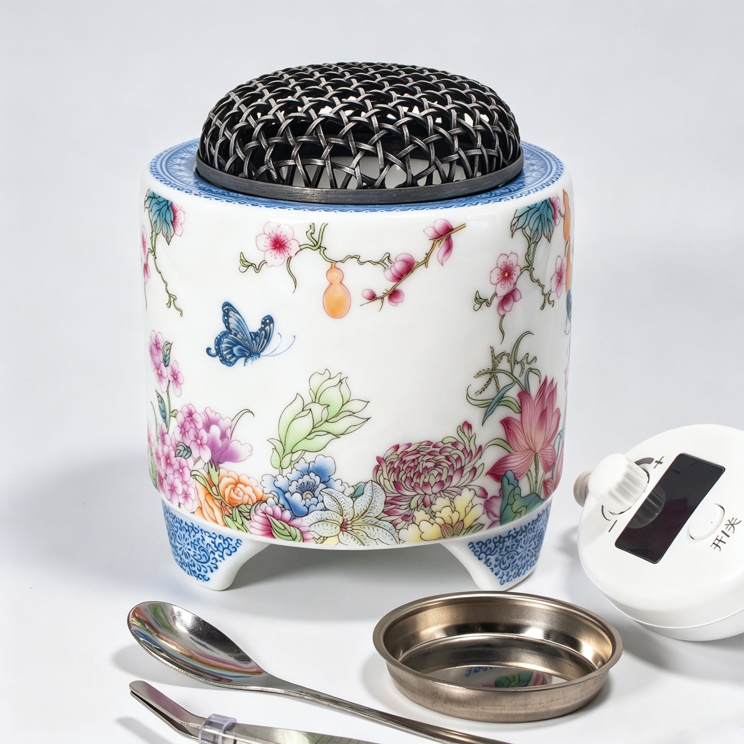 Electric Ceramic Incense Burner with Timer | Floral Butterfly Porcelain Aroma Diffuser with Night Light | Adjustable Temperature Control | Zen Home Decor Gift