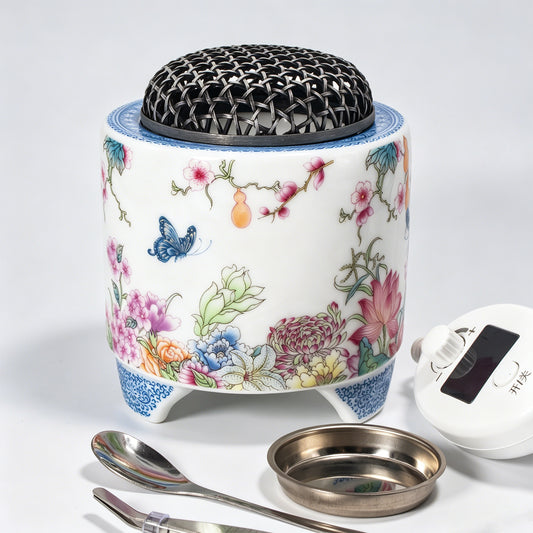 Electric Ceramic Incense Burner with Timer | Floral Butterfly Porcelain Aroma Diffuser with Night Light | Adjustable Temperature Control | Zen Home Decor Gift