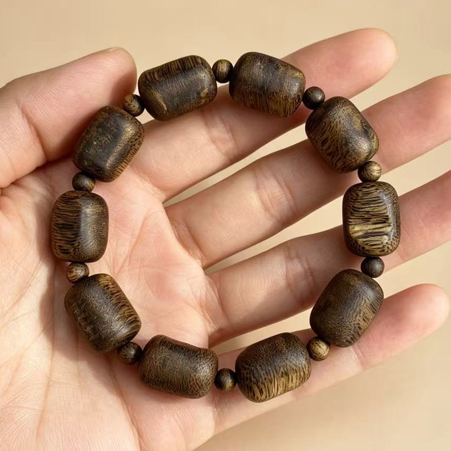 13mm Natural Agarwood Bracelet | Organic Form Oud Wood Wristband | Hand-Assembled Exotic Hardwood Jewelry | One of a Kind Grain Pattern