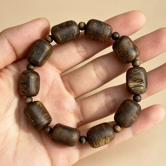 13mm Natural Agarwood Bracelet | Organic Form Oud Wood Wristband | Hand-Assembled Exotic Hardwood Jewelry | One of a Kind Grain Pattern