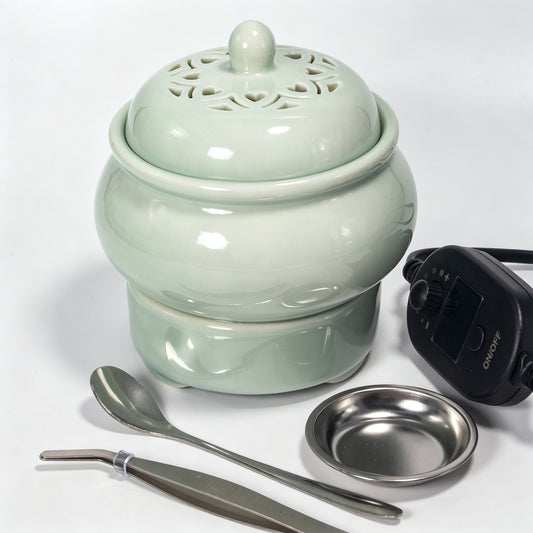 Electric Celadon Incense Burner | Longquan Style Ceramic Aromatherapy Diffuser | Pierced Lid Timer Control | Zen Home Decor