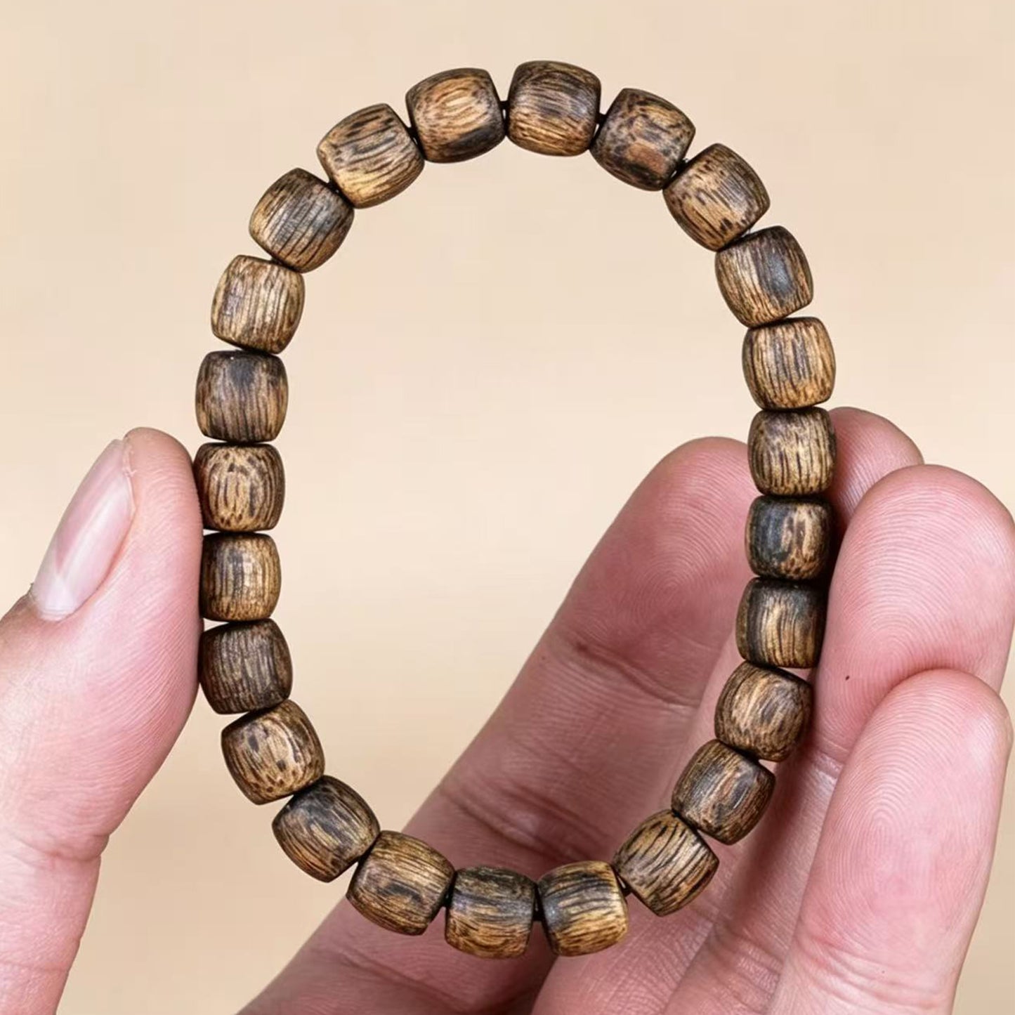 Natural Agarwood 8mm Drum Bead Bracelet | Handcrafted Rounded Cylinder Wood Beads | Single Loop Design | Dense Grain Pattern | Unisex Daily Wear Jewelry Gift