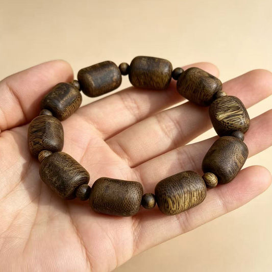 13mm Natural Agarwood Bracelet | Organic Form Oud Wood Wristband | Hand-Assembled Exotic Hardwood Jewelry | One of a Kind Grain Pattern