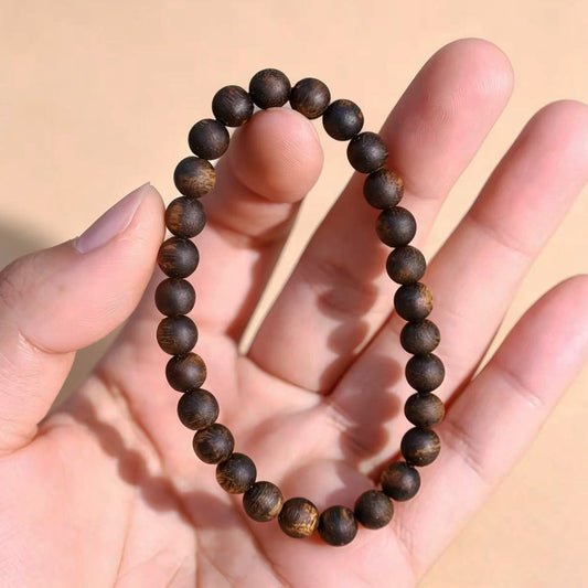 Natural Agarwood 6mm Round Bead Bracelet | Handcrafted Small Smooth Wood Beads | Single Loop Minimalist Design | Subtle Natural Wood Aroma | Unisex Daily Wear Jewelry Gift