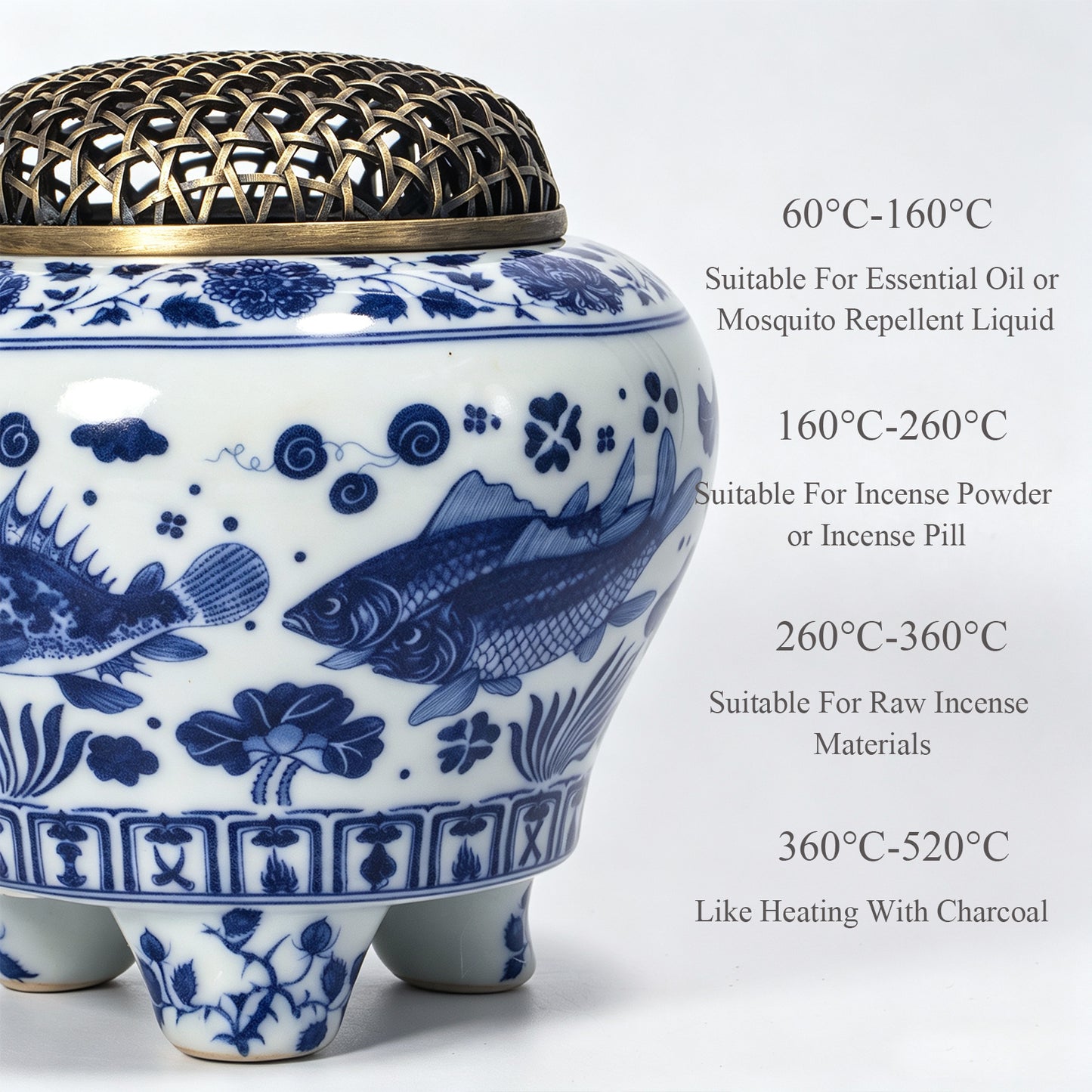 Electric Blue White Porcelain Incense Burner | Koi Fish Lotus Design | Brass Woven Lid Timer Control | Zen Home Decor