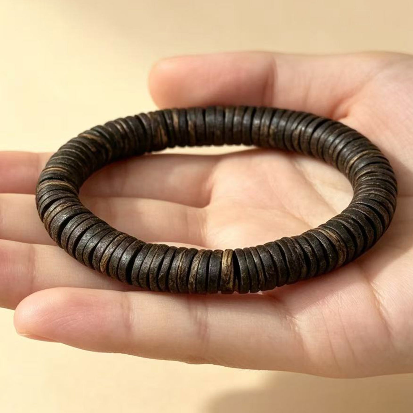 08mm Natural Agarwood Disc Bead Bracelet | Handcrafted Flat Round Spacer Wood Beads | Single Loop Design | Dense Grain Pattern