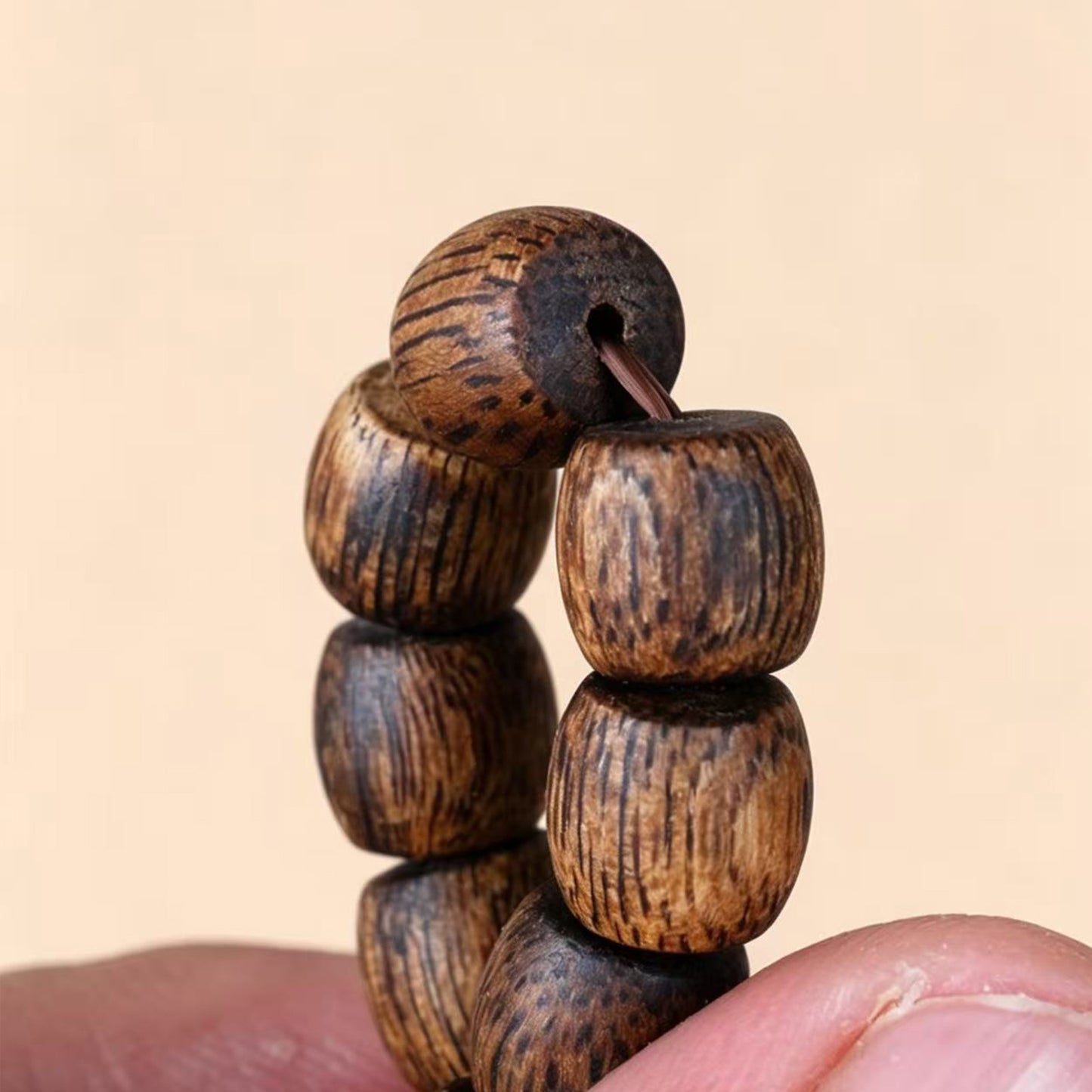Natural Agarwood 8mm Drum Bead Bracelet | Handcrafted Rounded Cylinder Wood Beads | Single Loop Design | Dense Grain Pattern | Unisex Daily Wear Jewelry Gift
