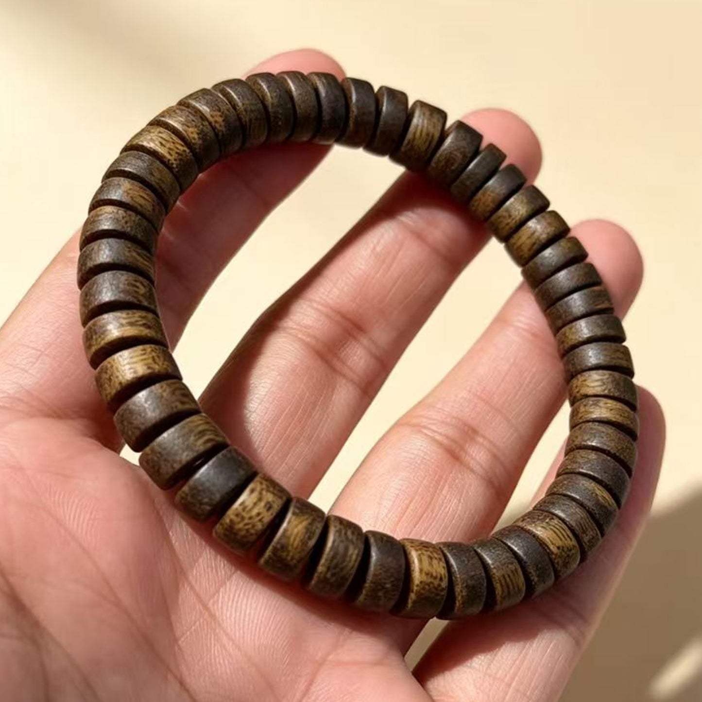 08mm Agarwood Bracelet | Flat-Cut Oud Wood Disc Wristband | Artisan Crafted Wooden Jewelry | Unique Resin Grain