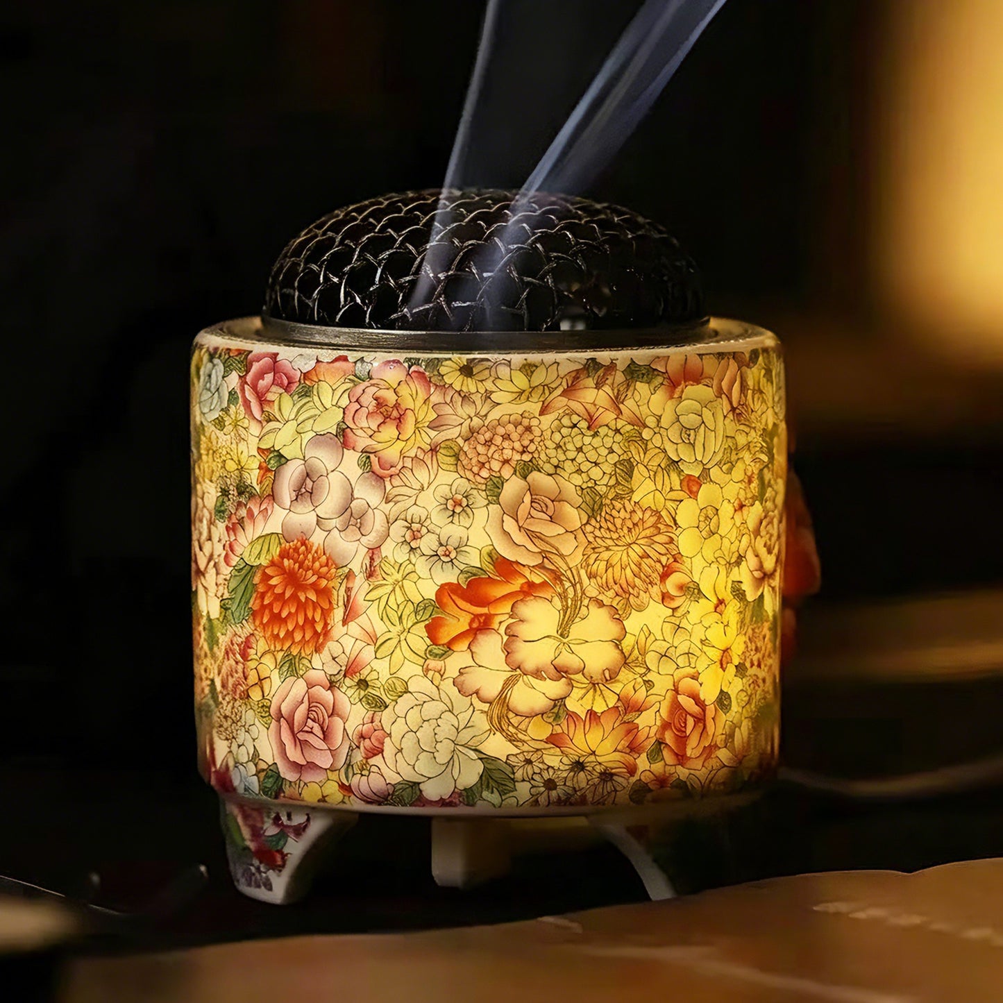 Electric Ceramic Incense Burner with Timer | Floral Porcelain Aroma Diffuser with Night Light | Adjustable Temperature Control | Zen Home Decor Gift