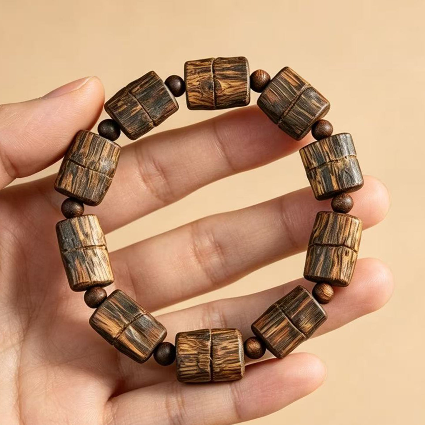 14mm Natural Kyara Agarwood Bamboo Joint Bracelet, Rich Resin Oudh Barrel Beads Mala, Authentic Aromatic Wood Prayer Beads, Spiritual Gift