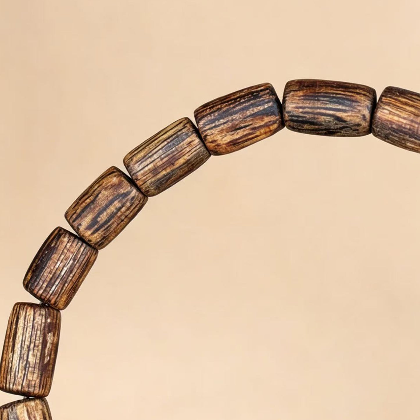 Natural Agarwood 6mm Barrel Bead Bracelet | Handcrafted Small Cylinder Wood Beads | Single Loop Minimalist Design | Dense Grain Pattern | Unisex Daily Wear Jewelry Gift