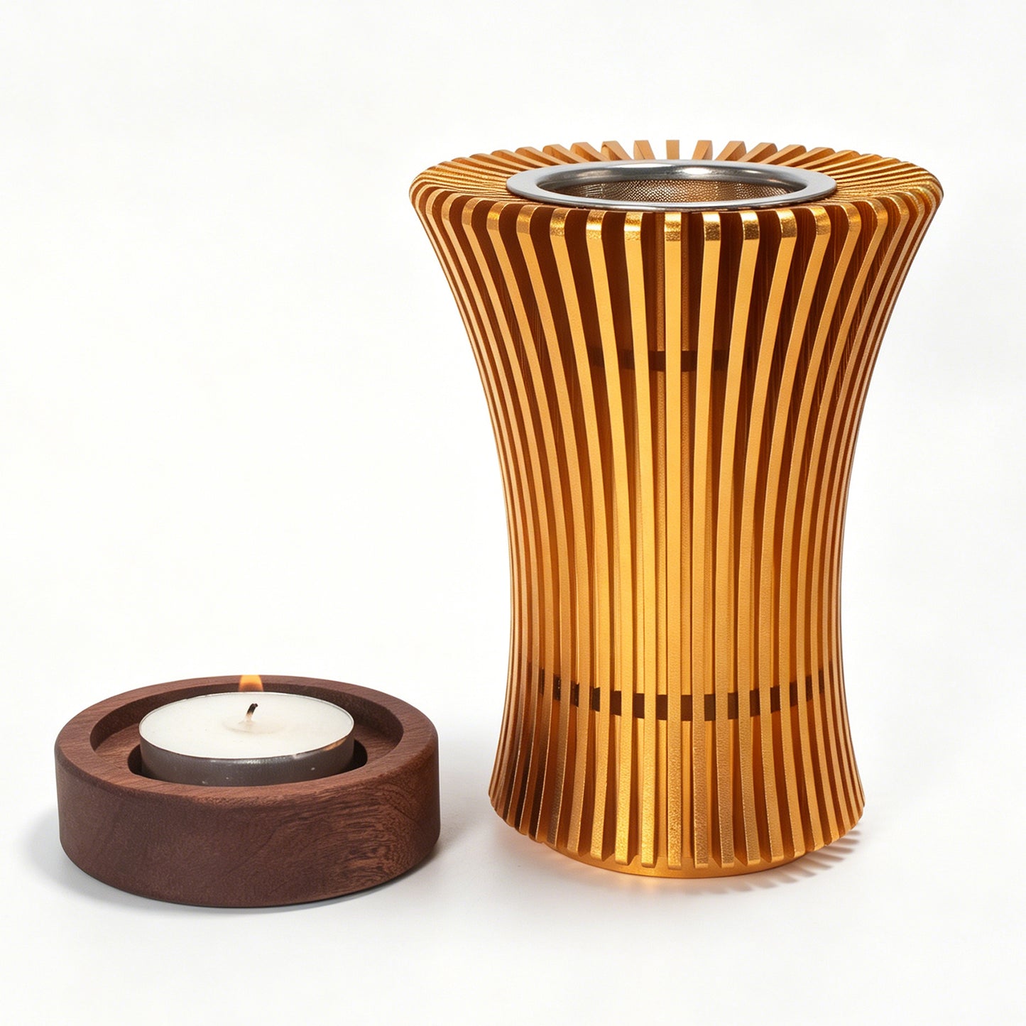 Tealight Candle Incense Burner Gold Metal Heat Diffuser Wood Base Aroma Gift Set
