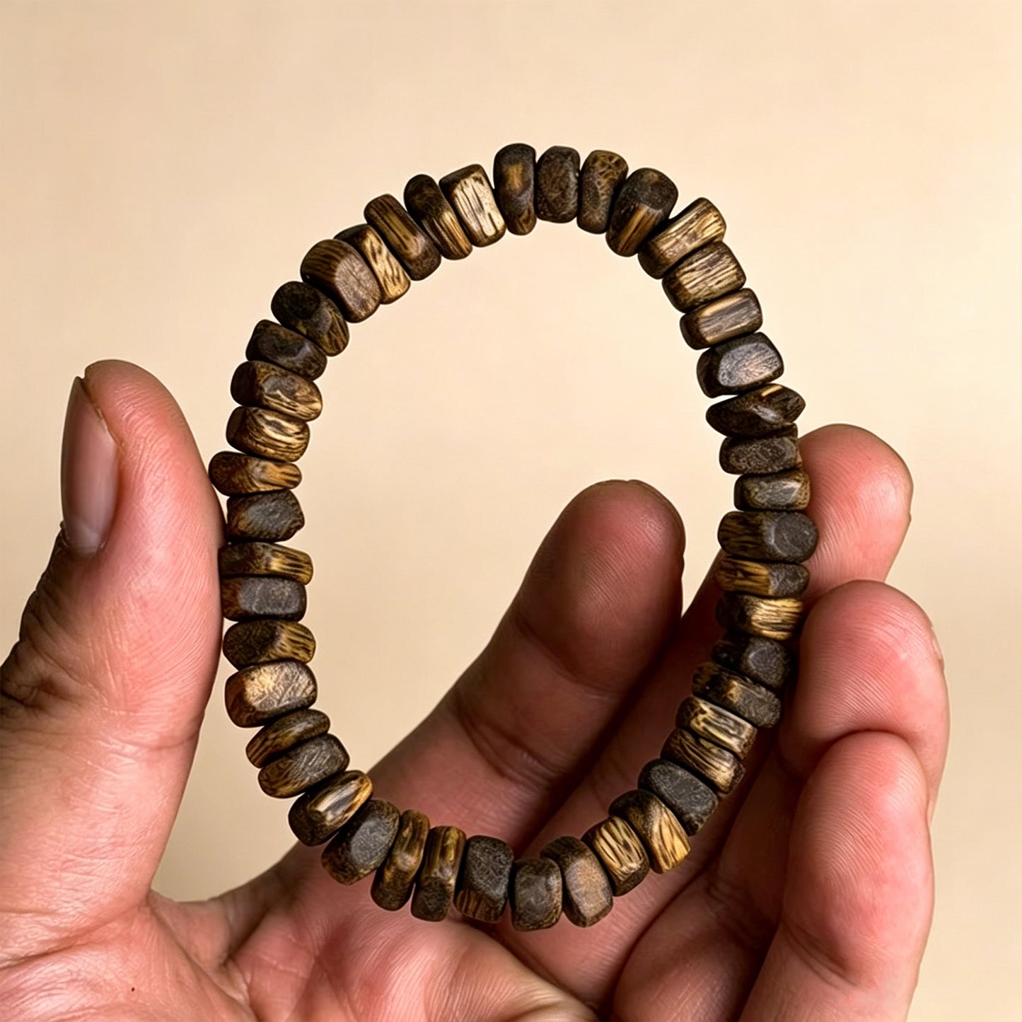 Natural Agarwood 9mm Chip Bead Bracelet | Handcrafted Irregular Slice Wood Beads | Single Loop Design | Dense Resin Grain
