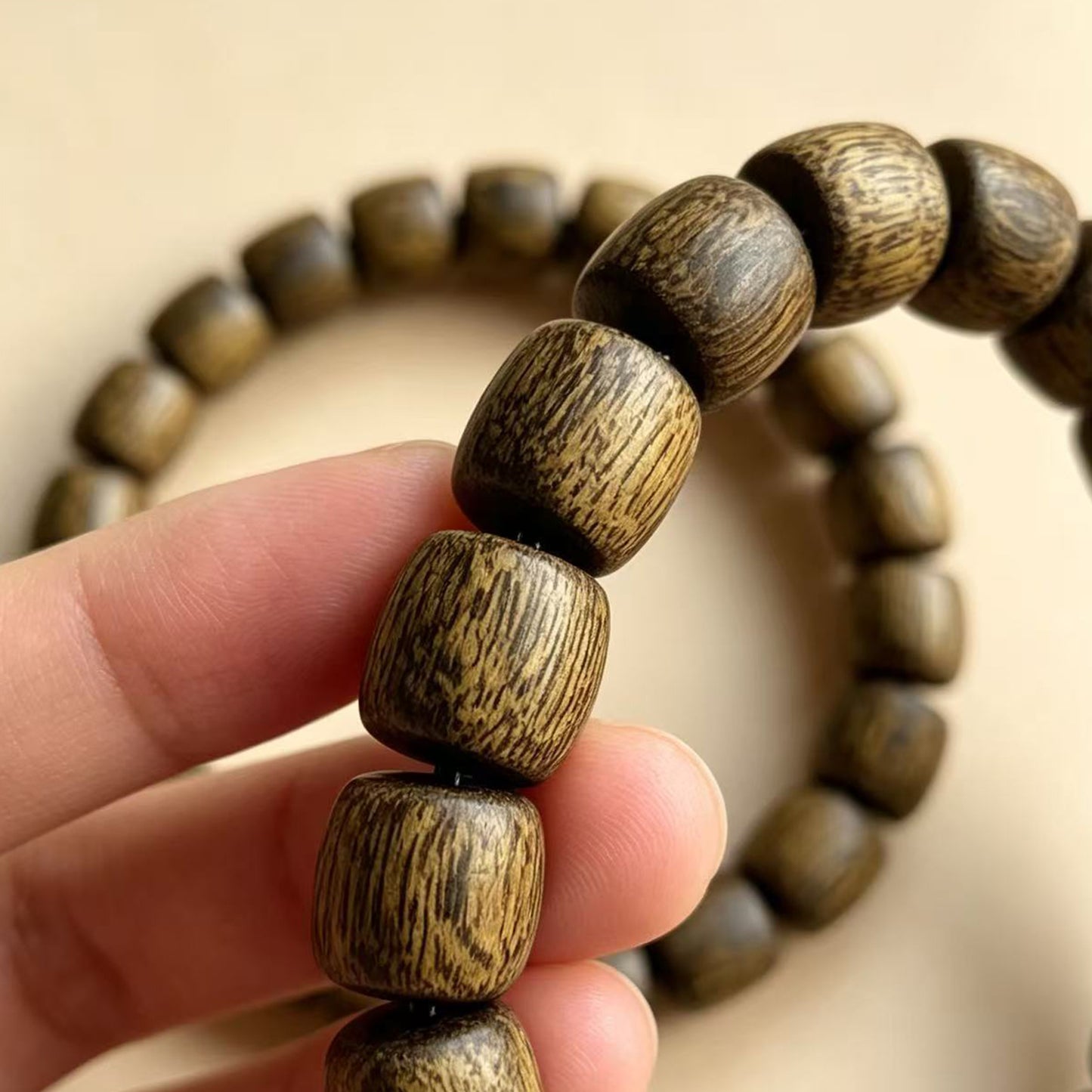 Natural Agarwood 10mm Drum Bead Bracelet | Handcrafted Rounded Cylinder Wood Beads | Single Loop Design | Dense Grain Pattern | Unisex Daily Wear Jewelry Gift