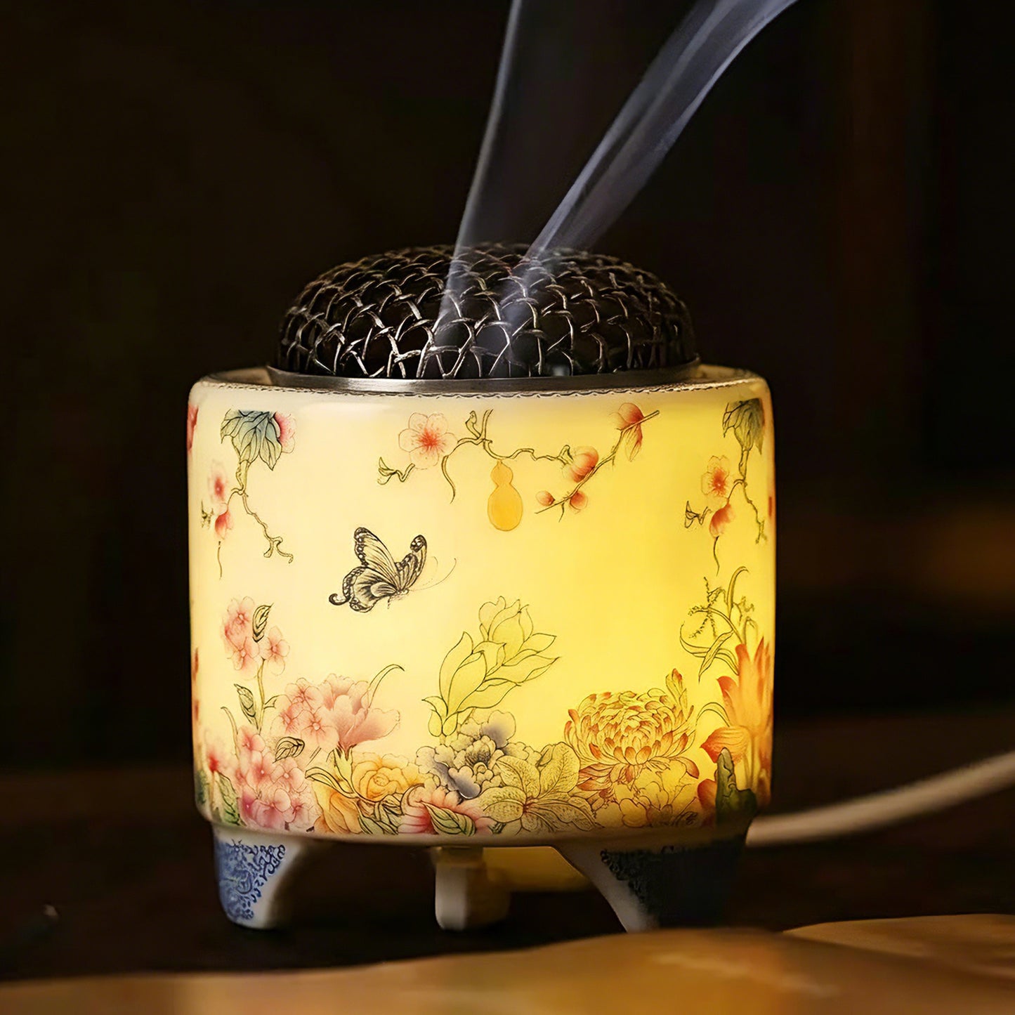 Electric Ceramic Incense Burner with Timer | Floral Butterfly Porcelain Aroma Diffuser with Night Light | Adjustable Temperature Control | Zen Home Decor Gift
