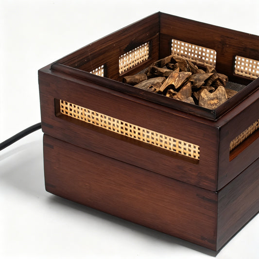 Electric Temperature-Controlled Aroma Warmer, Wooden Incense & Tea Roasting Box with Timer, Traditional Scent Diffuser for Blended Resins