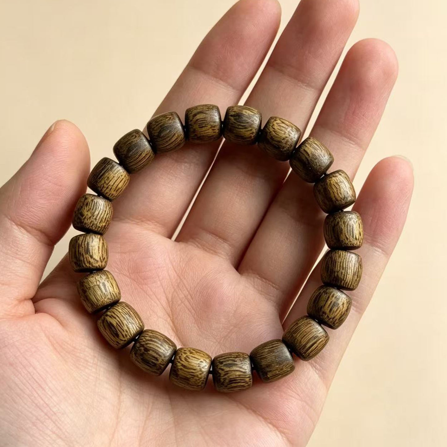 Natural Agarwood 10mm Drum Bead Bracelet | Handcrafted Rounded Cylinder Wood Beads | Single Loop Design | Dense Grain Pattern | Unisex Daily Wear Jewelry Gift