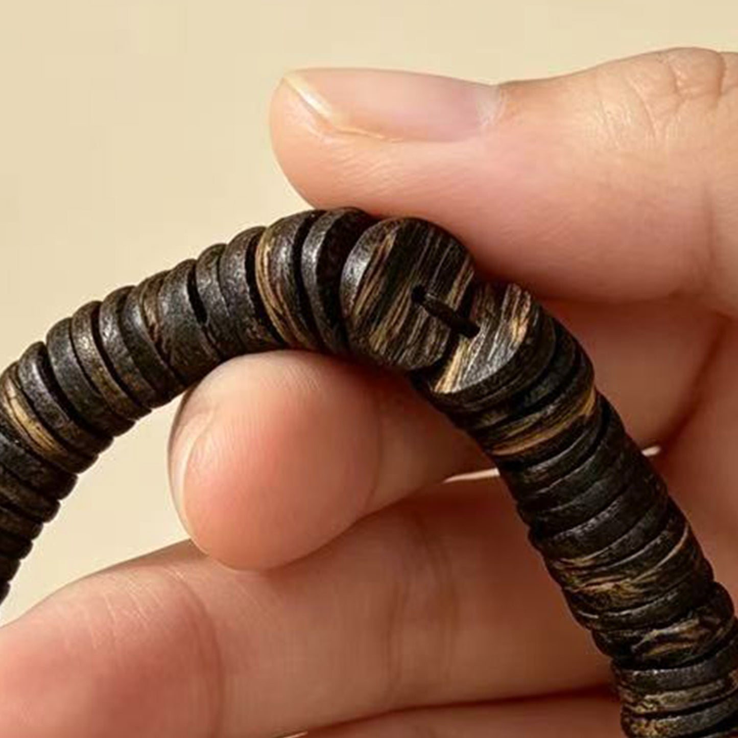 08mm Natural Agarwood Disc Bead Bracelet | Handcrafted Flat Round Spacer Wood Beads | Single Loop Design | Dense Grain Pattern