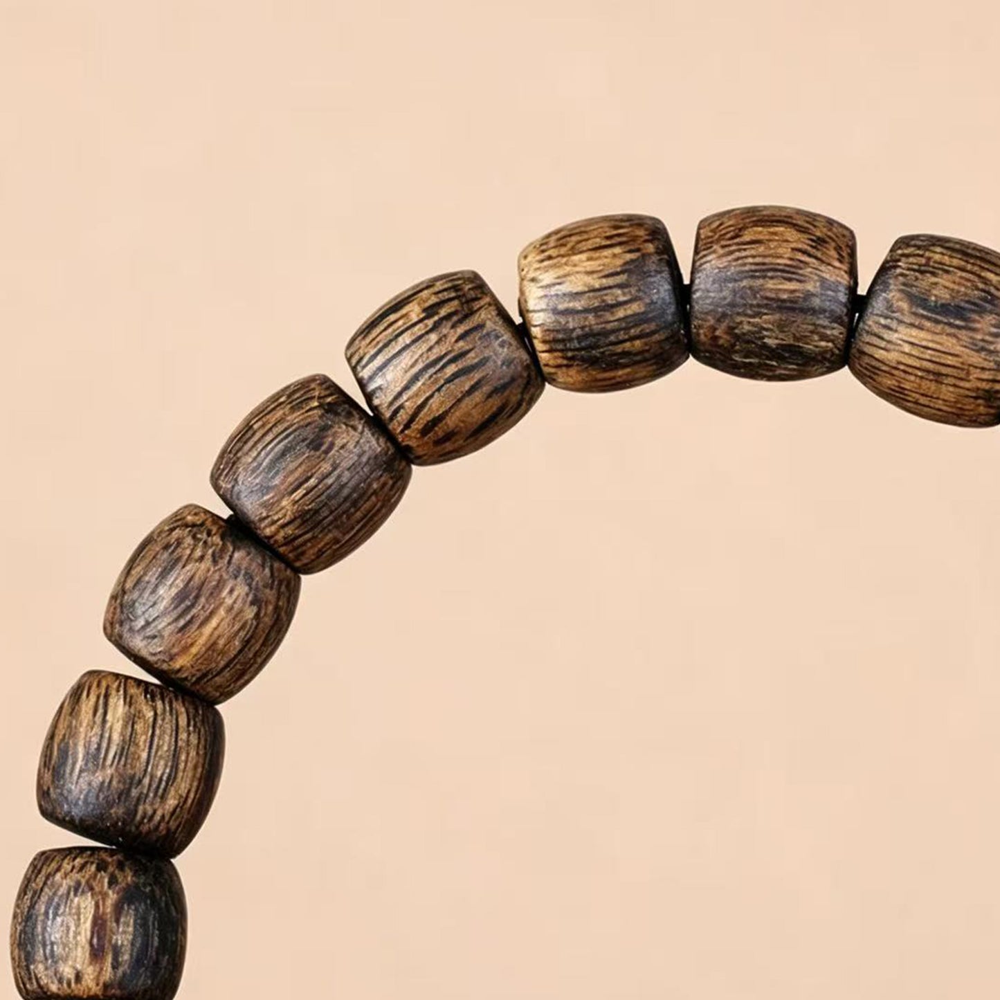 Natural Agarwood 8mm Drum Bead Bracelet | Handcrafted Rounded Cylinder Wood Beads | Single Loop Design | Dense Grain Pattern | Unisex Daily Wear Jewelry Gift