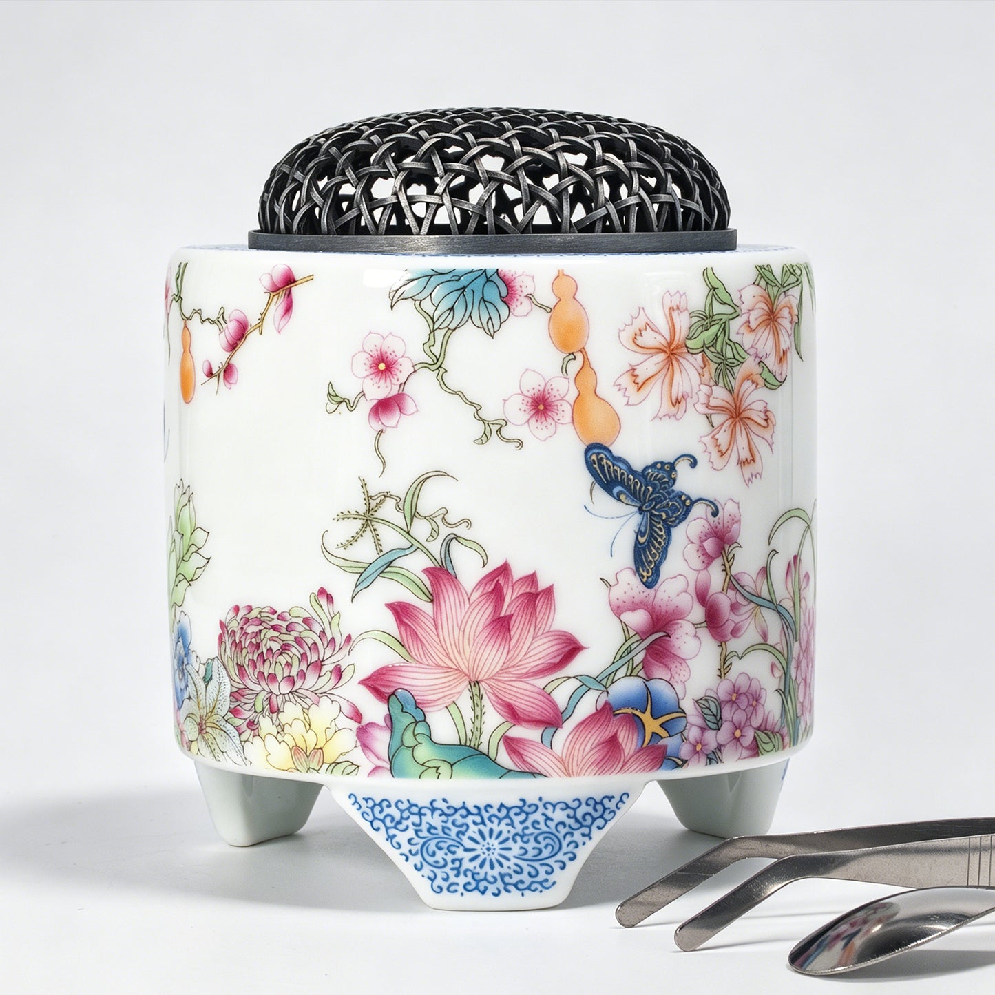 Electric Ceramic Incense Burner with Timer | Floral Butterfly Porcelain Aroma Diffuser with Night Light | Adjustable Temperature Control | Zen Home Decor Gift