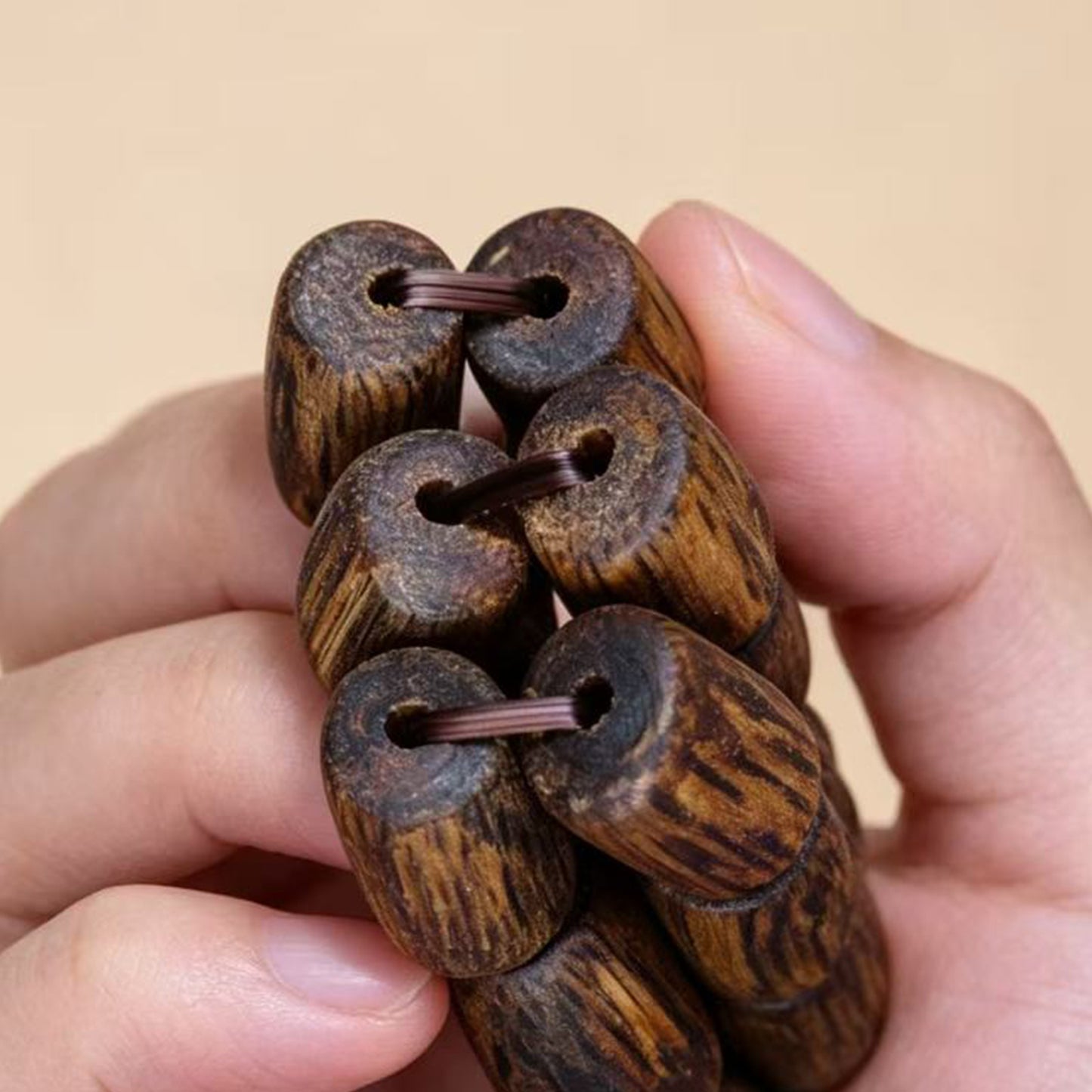 Natural Agarwood 6mm Barrel Bead Bracelet | Handcrafted Small Cylinder Wood Beads | Single Loop Minimalist Design | Dense Grain Pattern | Unisex Daily Wear Jewelry Gift