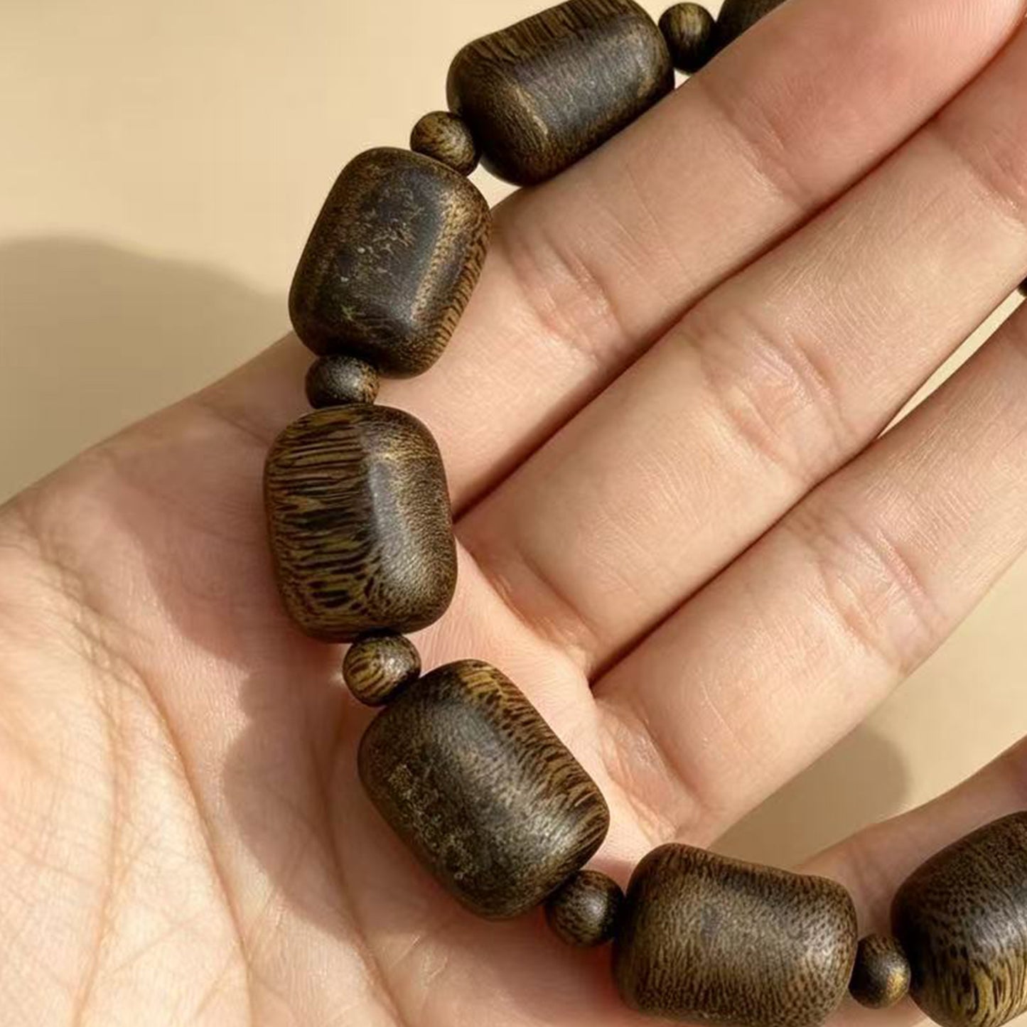 13mm Natural Agarwood Bracelet | Organic Form Oud Wood Wristband | Hand-Assembled Exotic Hardwood Jewelry | One of a Kind Grain Pattern