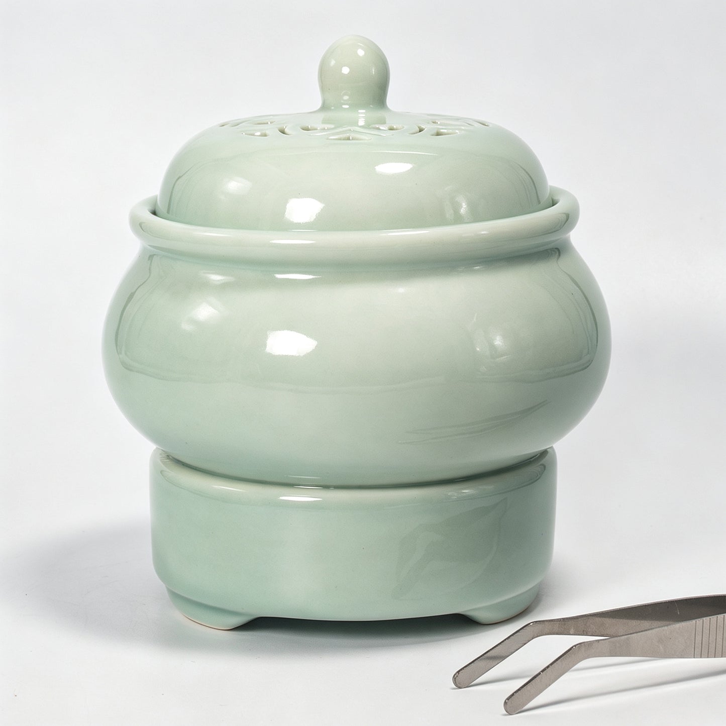 Electric Celadon Incense Burner | Longquan Style Ceramic Aromatherapy Diffuser | Pierced Lid Timer Control | Zen Home Decor