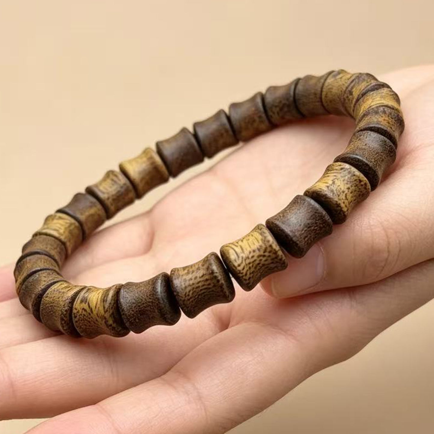 07mm Kyara Agarwood Bamboo Joint Beads Bracelet | Cultivated Natural Oudh Mala Bracelet for | Spiritual Protection Wood Jewelry Gift