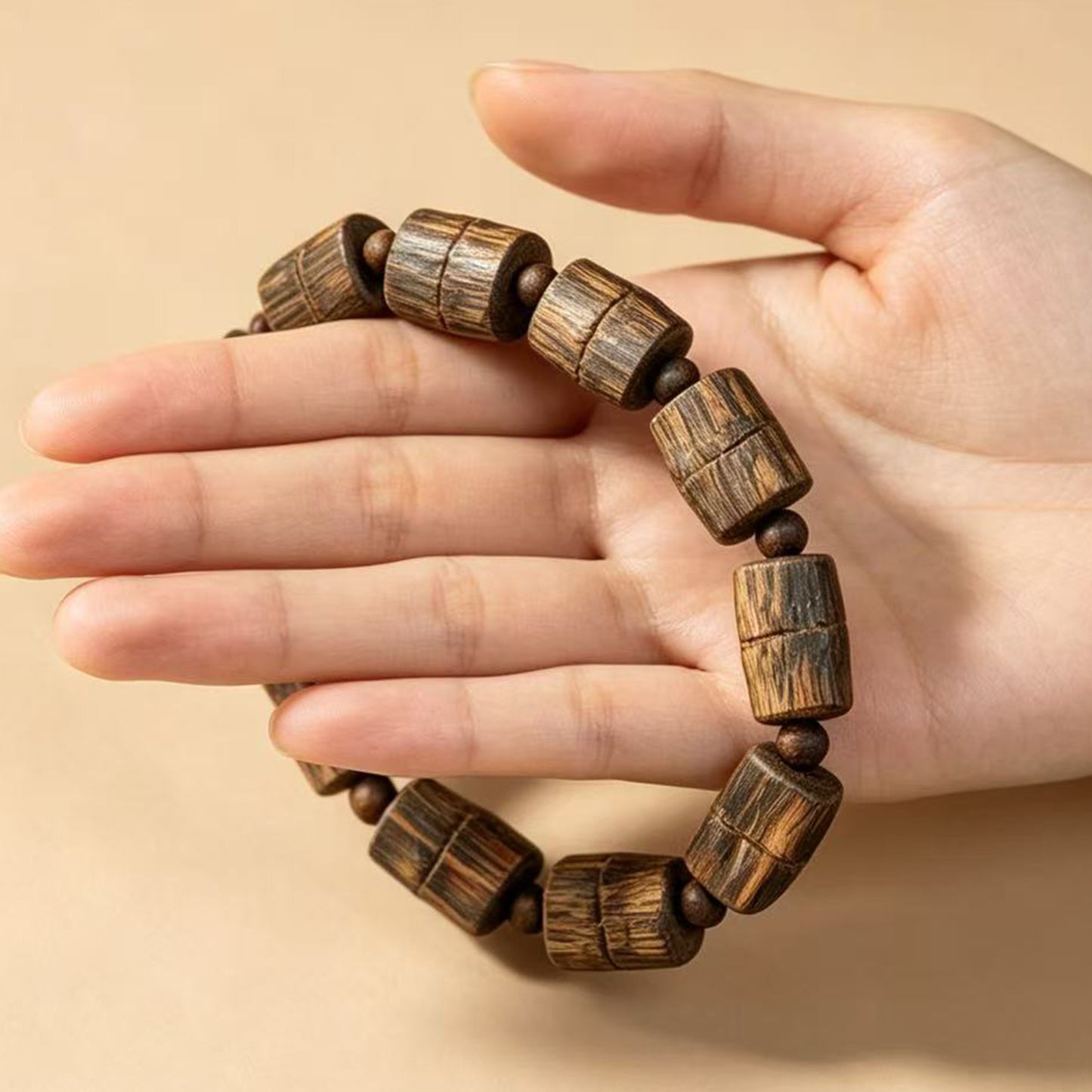 14mm Natural Kyara Agarwood Bamboo Joint Bracelet, Rich Resin Oudh Barrel Beads Mala, Authentic Aromatic Wood Prayer Beads, Spiritual Gift