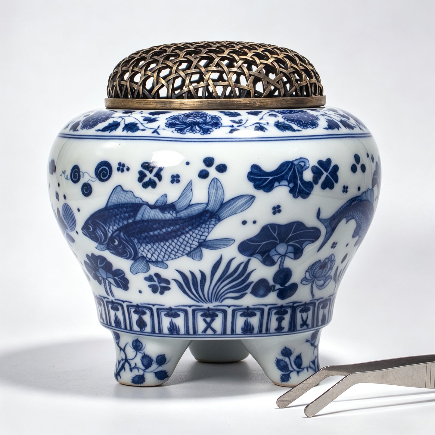 Electric Blue White Porcelain Incense Burner | Koi Fish Lotus Design | Brass Woven Lid Timer Control | Zen Home Decor
