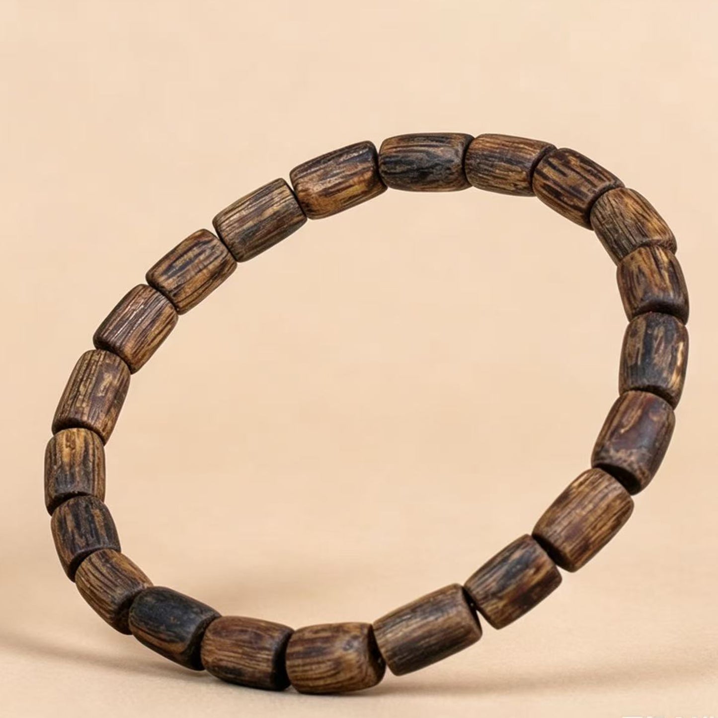Natural Agarwood 6mm Barrel Bead Bracelet | Handcrafted Small Cylinder Wood Beads | Single Loop Minimalist Design | Dense Grain Pattern | Unisex Daily Wear Jewelry Gift