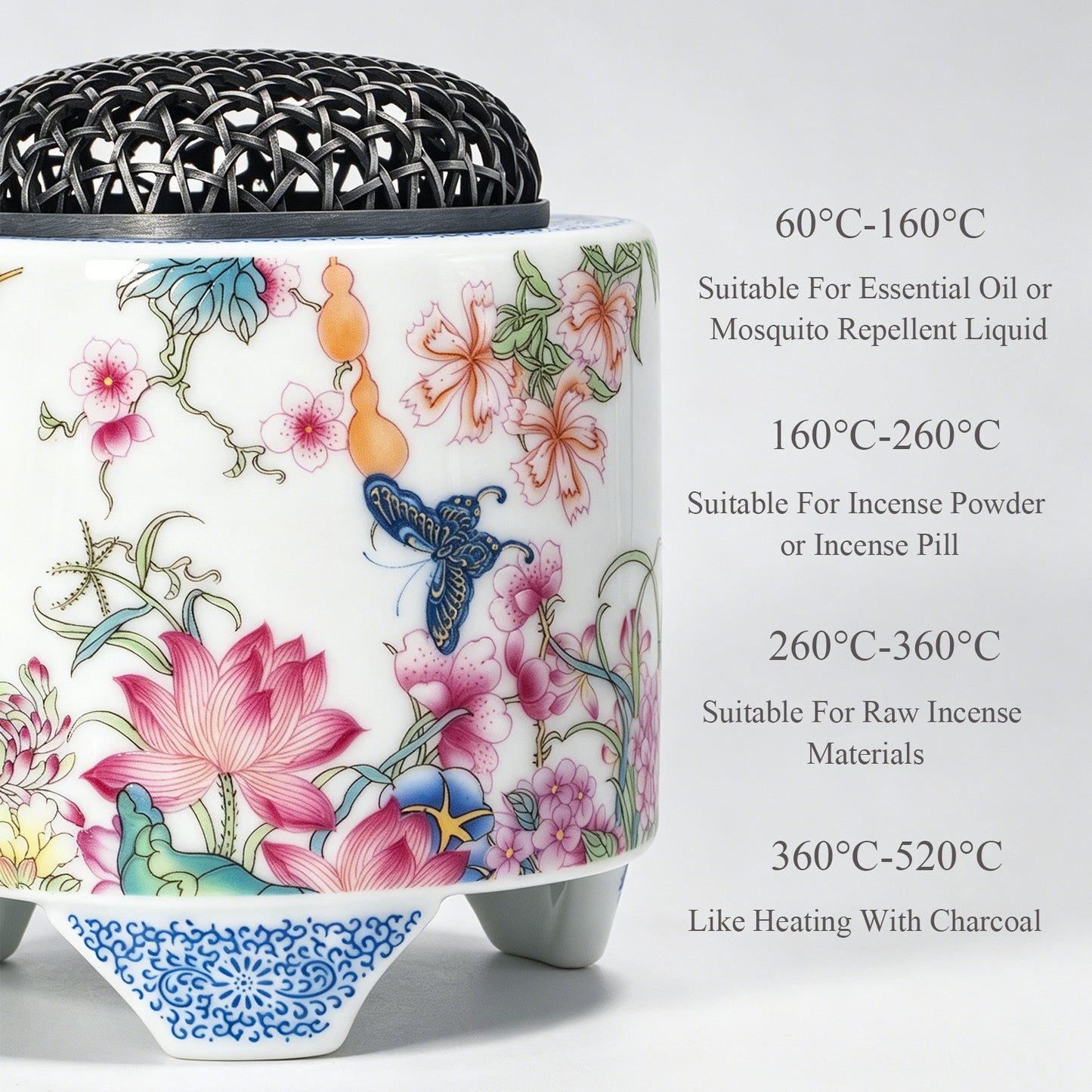 Electric Ceramic Incense Burner with Timer | Floral Butterfly Porcelain Aroma Diffuser with Night Light | Adjustable Temperature Control | Zen Home Decor Gift