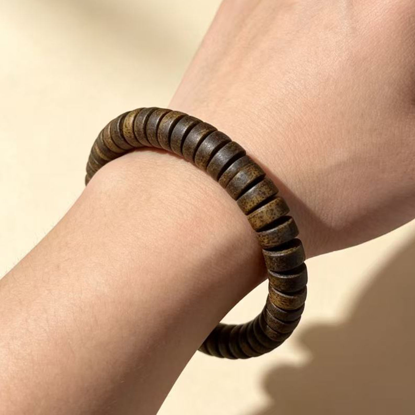 08mm Agarwood Bracelet | Flat-Cut Oud Wood Disc Wristband | Artisan Crafted Wooden Jewelry | Unique Resin Grain