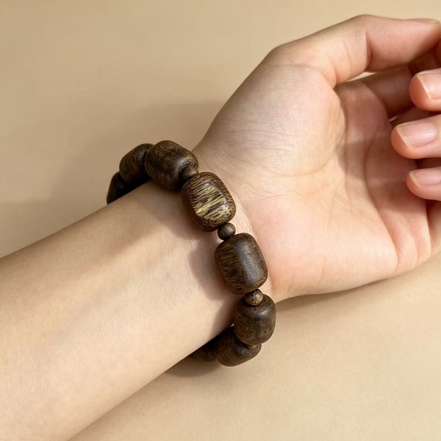 13mm Natural Agarwood Bracelet | Organic Form Oud Wood Wristband | Hand-Assembled Exotic Hardwood Jewelry | One of a Kind Grain Pattern