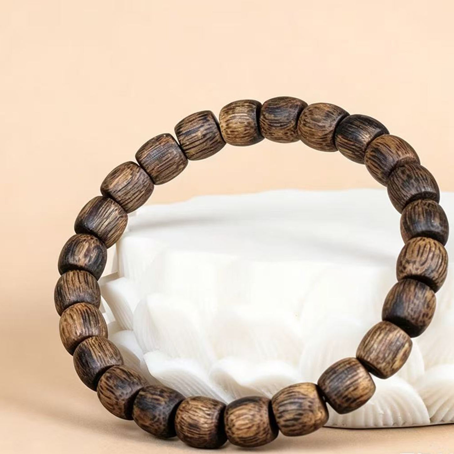 Natural Agarwood 8mm Drum Bead Bracelet | Handcrafted Rounded Cylinder Wood Beads | Single Loop Design | Dense Grain Pattern | Unisex Daily Wear Jewelry Gift