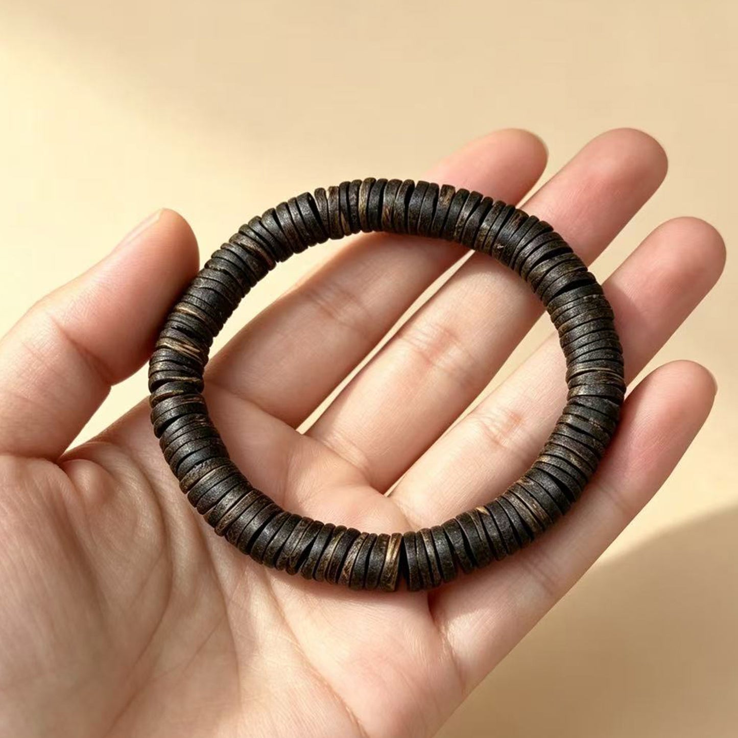 08mm Natural Agarwood Disc Bead Bracelet | Handcrafted Flat Round Spacer Wood Beads | Single Loop Design | Dense Grain Pattern