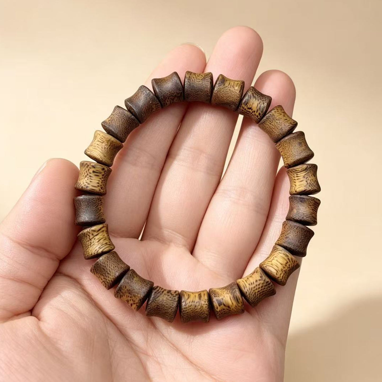 09mm Natural Kyara Agarwood Bamboo Joint Beads Bracelet, Authentic Oudh Mala Bracelet for Meditation, Spiritual Protection Wood Jewelry Gift